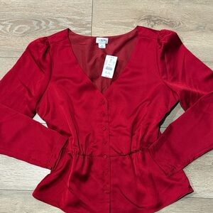 J. Crew Crimson Red V-Neck Button-Front Peplum Blouse